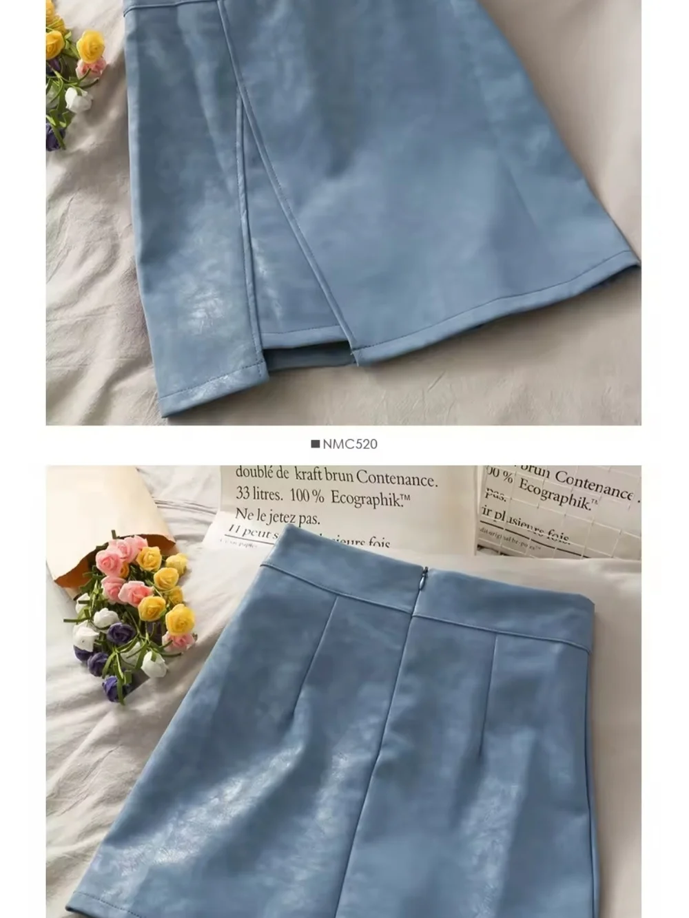 Women's Blue Faux Leather Mini Skirt/Skort with Slit and Inset Shorts Juniors M
